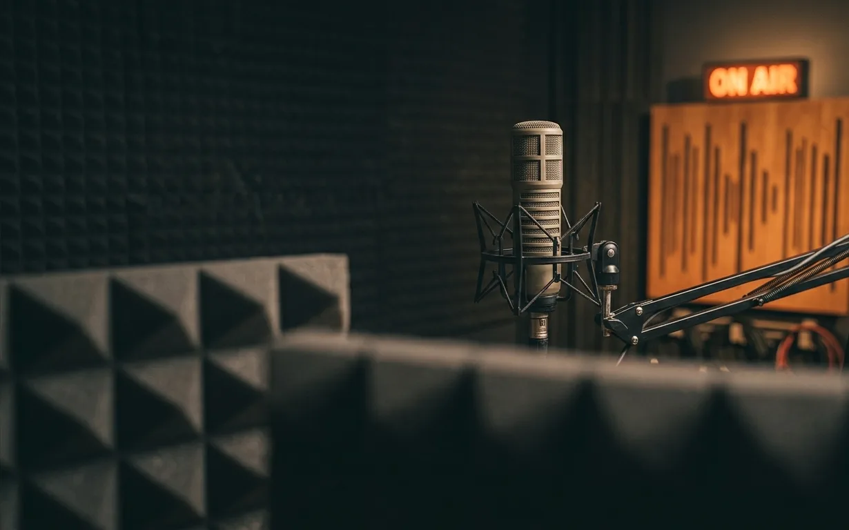 Studiomikrofon mit leuchtendem ON-AIR-Schild im abgedunkelten Tonstudio